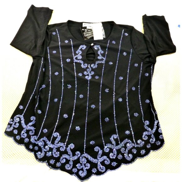 Another Thyme Tops - Another Thyme Black & Blue Beaded 3/4 Sleeve Top Scalloped Hem Size 2X USA Made